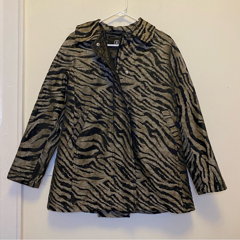 BOGNER Animal Print Full Zip Padded Belted Jacket Brown/Black Sz 8 Small/Medium